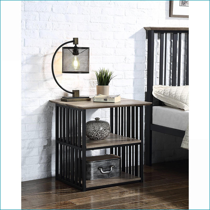 Chêne antique industriel Zudora & amp; Table de chevet noire avec 2 compartiments ouverts