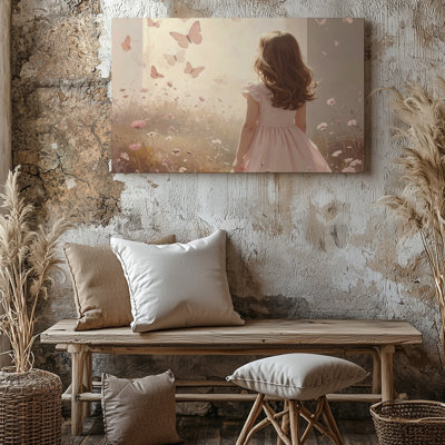 Toile, art mural, Illustration rêveuse d'une jeune fille dans une douce robe pastel dans un champ de qualité supérieure prête à accrocher moderne