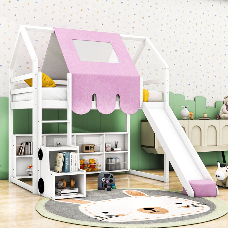 Artia Playful Loft Bed With Slide, Staircase, Twin, White/Pink