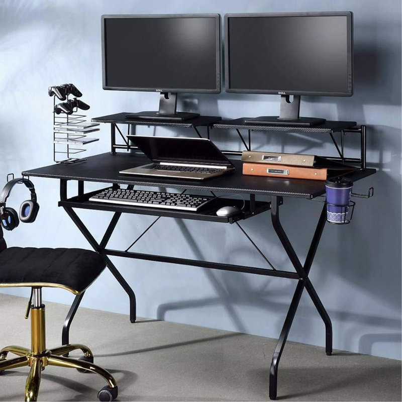 Bureau d'ordinateur rectangulaire avec plateau pour clavier, noir