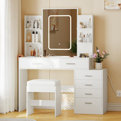 Bureau de coiffeuse avec miroir et lumières, ensemble de coiffeuse avec 6 tiroirs et tablettes, coiffeuse avec station de charge, coiffeuse avec tabouret et 3 lumières de couleur réglables
