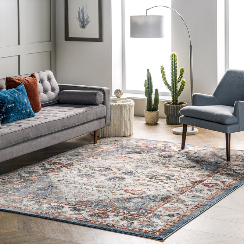 Tapis oriental bleu / orange / ivoire, Rectangle 8 pi 10 po x 9 pi 8 po