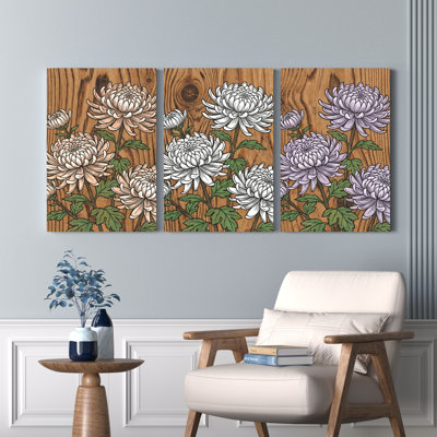 Ensemble de 3 tableaux muraux sur toile texturée effet bois, motif floral chrysanthème