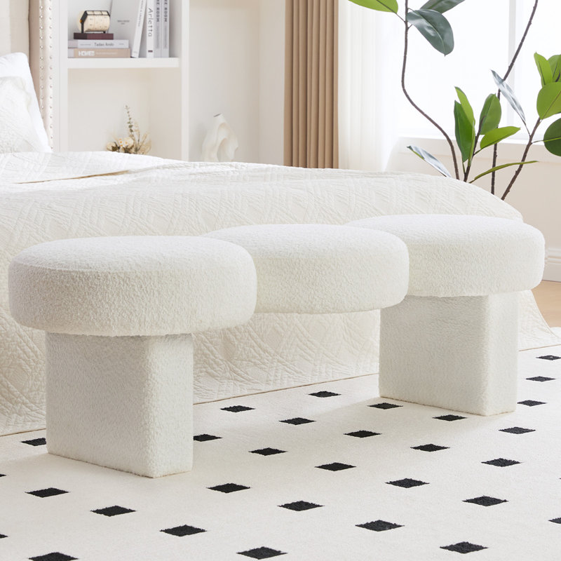56.3"W Boucle Upholstered Bench with 3 Round Cushions