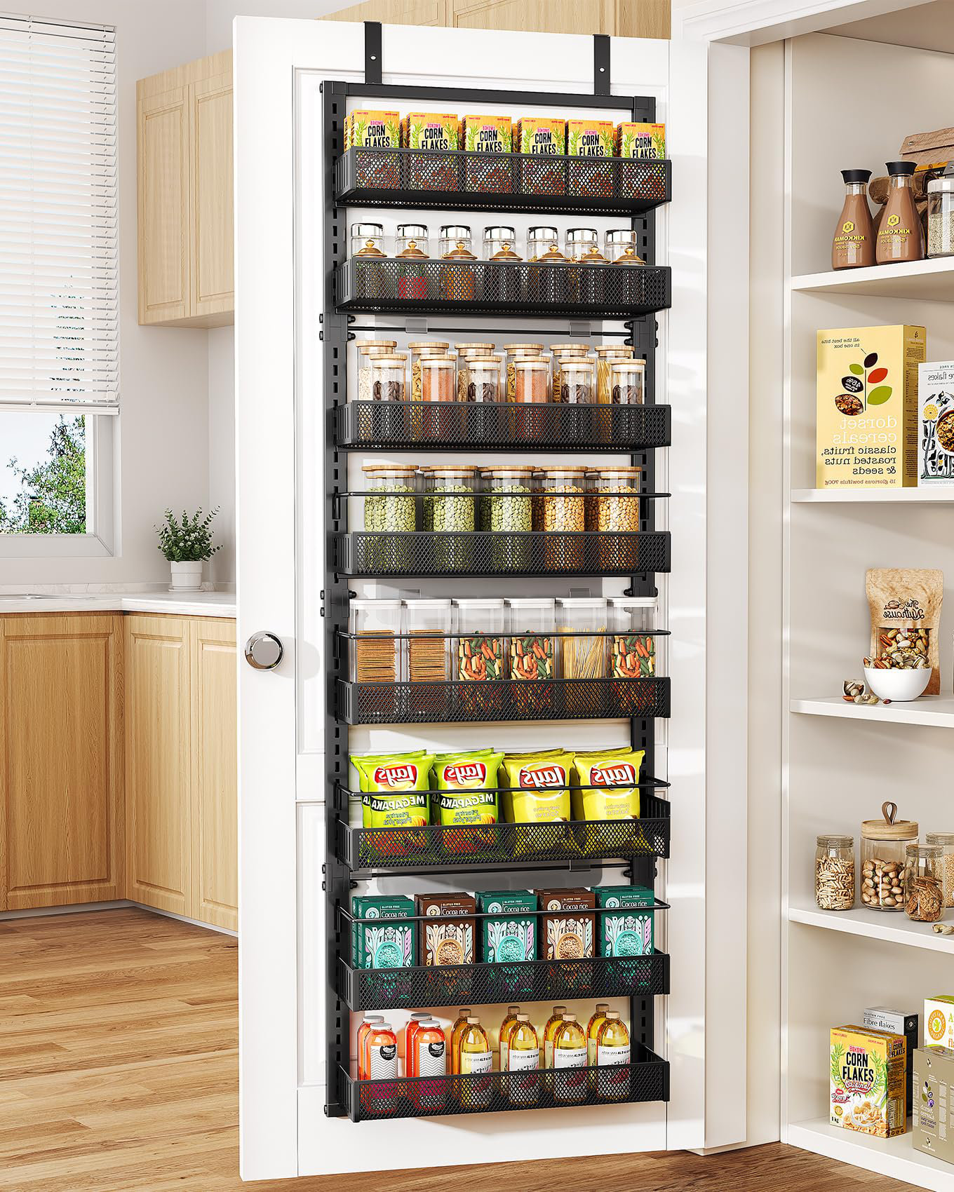 8 Tier Adjustable Pantry Door Spice Organizer, Large Capacity Hanging Door Spice Rack For Kitchen Pantry Organizers And Storage (Black, 17" W X 6" D X 69" H)