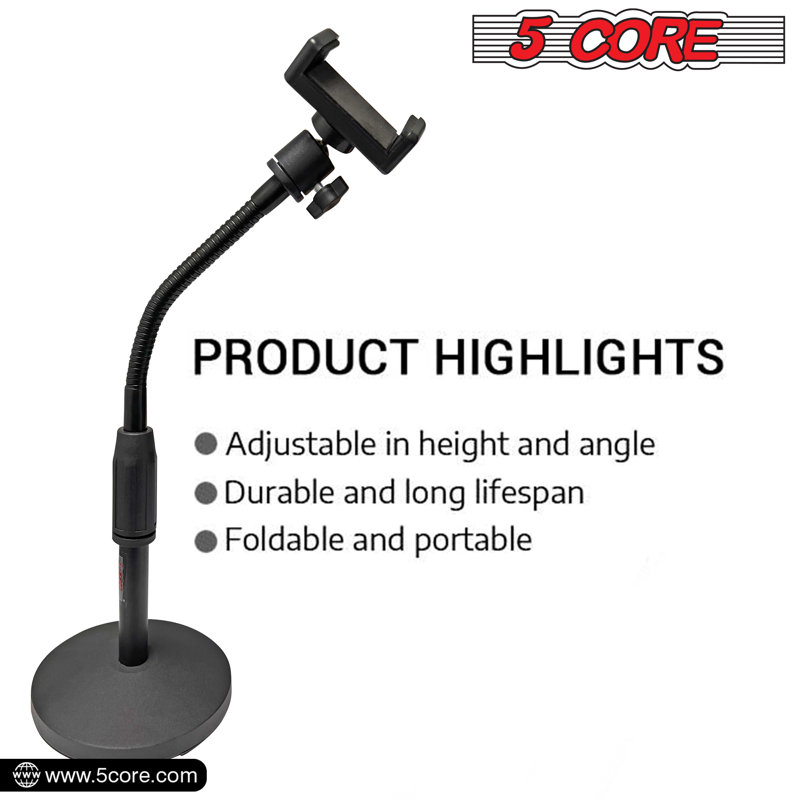 5 Core Cell Phone Stand Adjustable Height & Angle Gooseneck Stand for Desk Flexible Arm