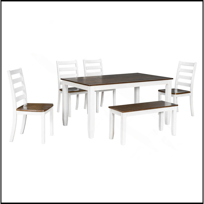 Ensemble de table de salle à manger de style rustique 6 pièces avec 4 chaises ergonomiques et un banc (noyer + blanc chalet)