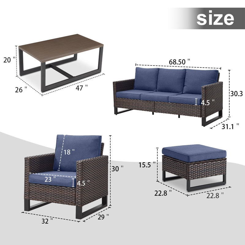 Ensemble de conversation pour patio pour 5 personnes avec coussins, Bleu, Brun