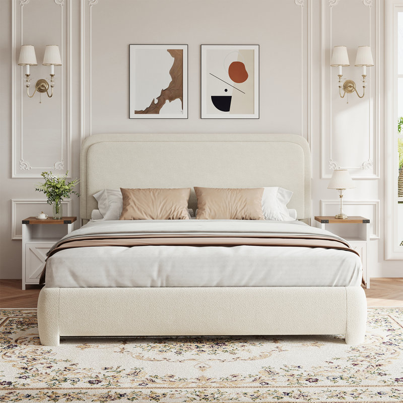 Ensemble de lit plateforme tapissier 3 pièces Bensu Boucle, Crème blanche, Grand