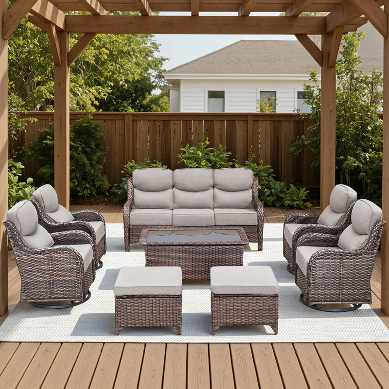 Ensemble de conversation d'extérieur en osier pour 7 à 9 personnes avec chaises pivotantes et table basse, Beige, Brun