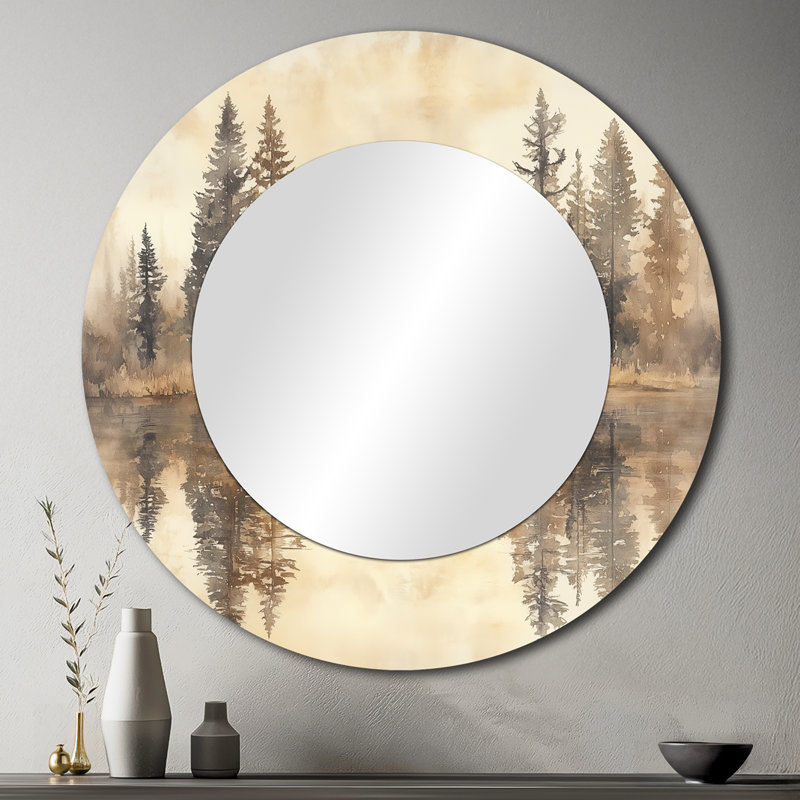 «Forest at the Lake» - Miroir d'appoint rond surdimensionné Lodge, reproduction métallique, 36" x 36"