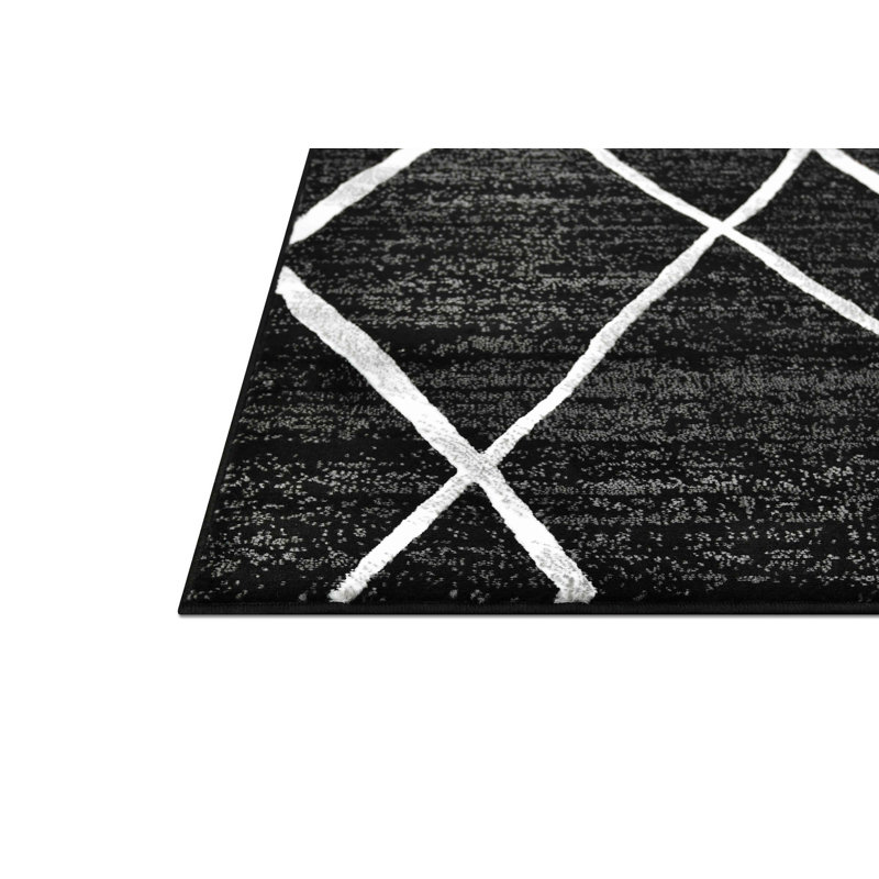 Tapis contemporain abstrait à motif géométrique noir et blanc HR, Tapis de couloir 2 pi x 7 pi 2 po
