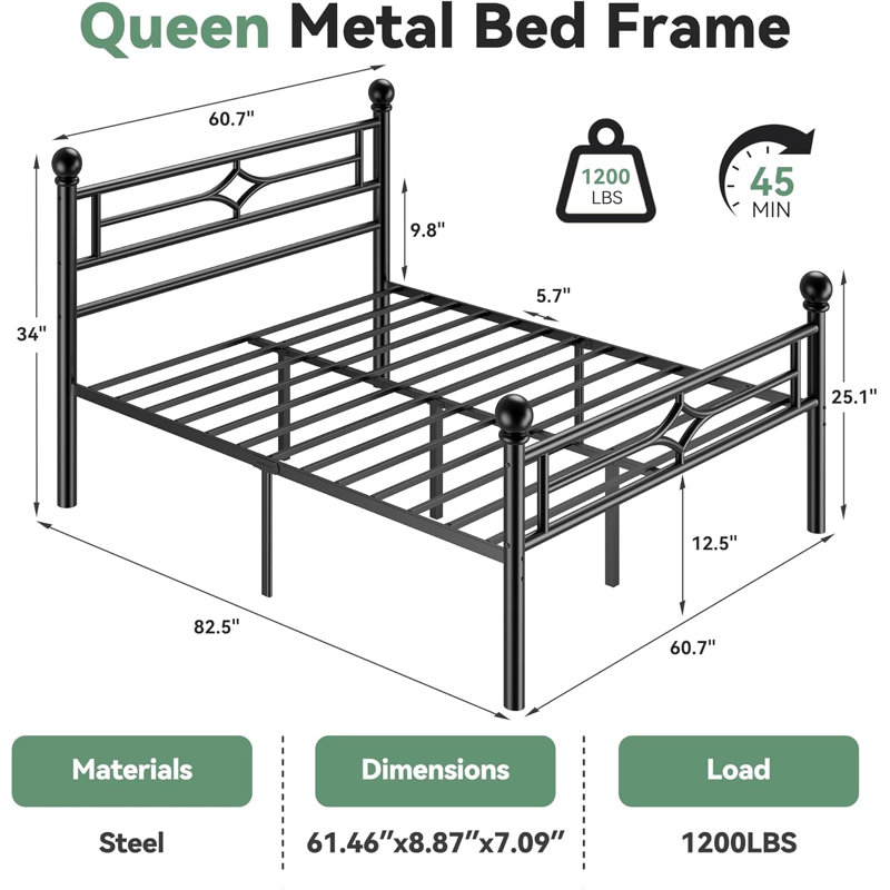 Black Metal Frame Bed With Headboard And Footboard, Queen