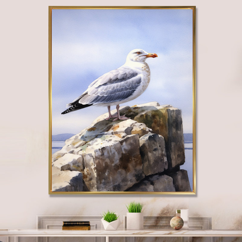 Décoration murale mouette au bord de la mer II - Animaux, H 32 po x l 24 po x P 1 po, Cadre flottant doré