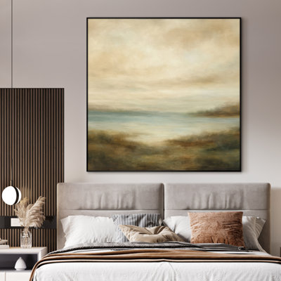 Très grande reproduction d'art mural de paysage côtier serein - bleu pâle et beige, décor neutre pour le salon ou la chambre à coucher, assemblage requis