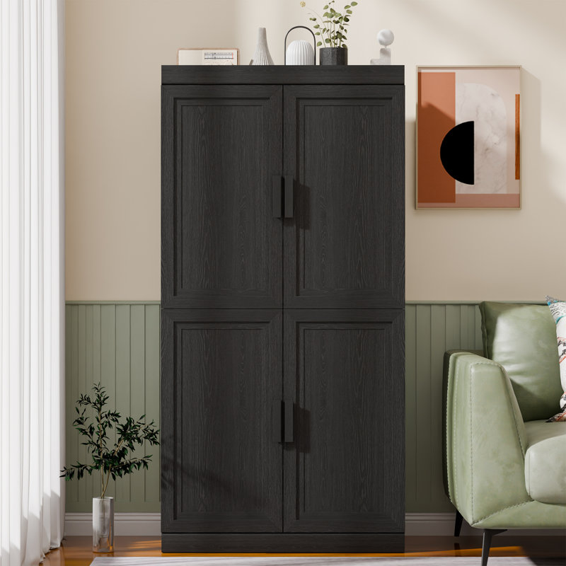 62" Tall Modern 4-Door Freestanding Storage Cabinet with Adjustable Shelves, Black