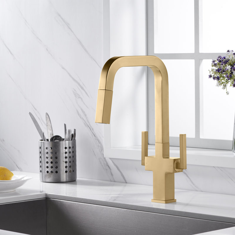 Pull Down Double Handle Kitchen Faucet, Gold