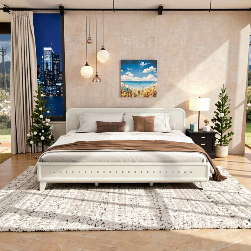 Structure de lit en bois de pin massif très grand L 82,7 po x l 77,6 po sans sommier, Blanc, Très grand lit