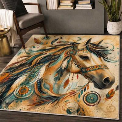 Tapis de tête de cheval bohémien 1 pièces avec motif de plumes, lavable et facile à nettoyer, grand dossier mince et antidérapant, adapté pour le salon, la chambre à coucher, la cuisine, le bureau et l'intérieur pour la maison
