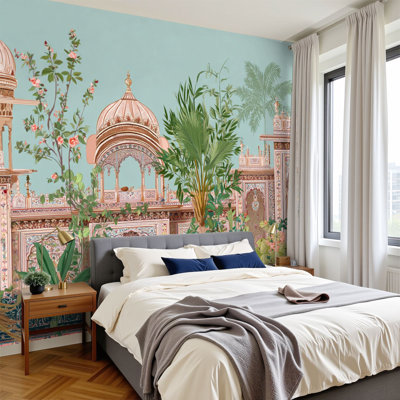 Peel and Stick Wallpaper 96" W x 69" H Modern Self Adhesive Wall Mural for Bedroom Traditional Indian Temple Garden Peacock Painting