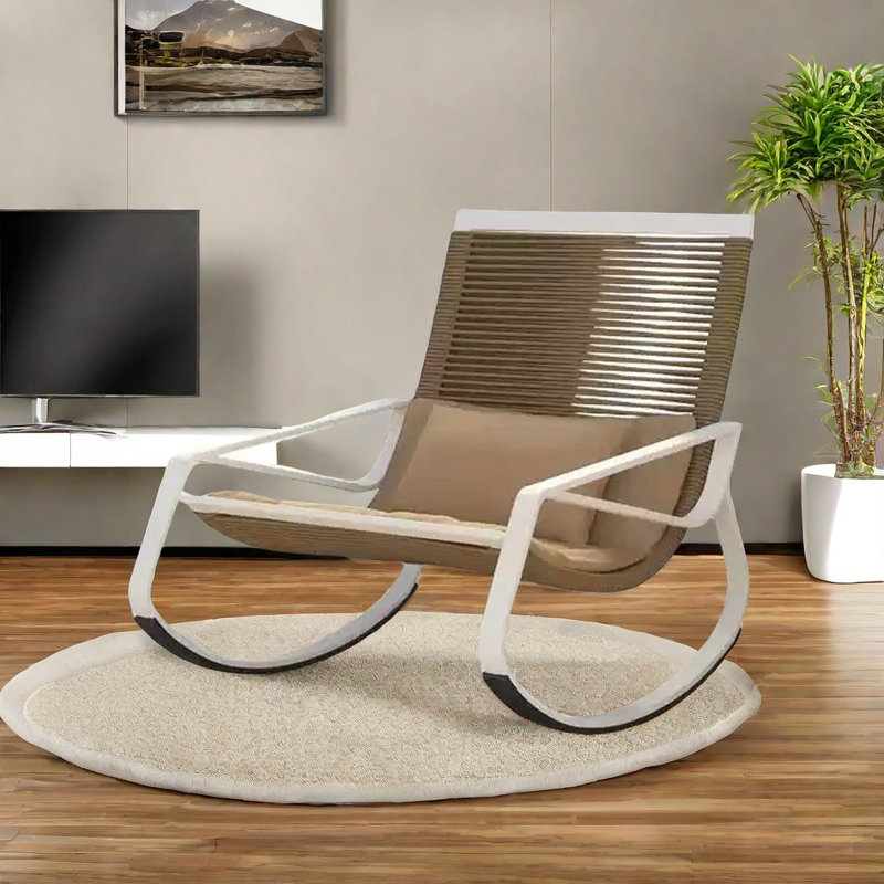 Chaise berçante tissée confortable et élégante, Brun, Blanc