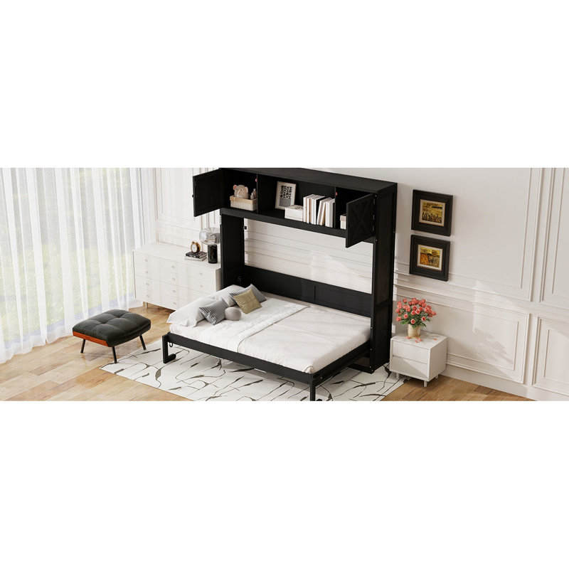 Lit double pleine grandeur, 3 armoires de rangement et garniture en forme de X, structure de lit en bois massif, peu encombrante pour les petites chambres avec espaces d'intimité, pin, maisons de style rustique
