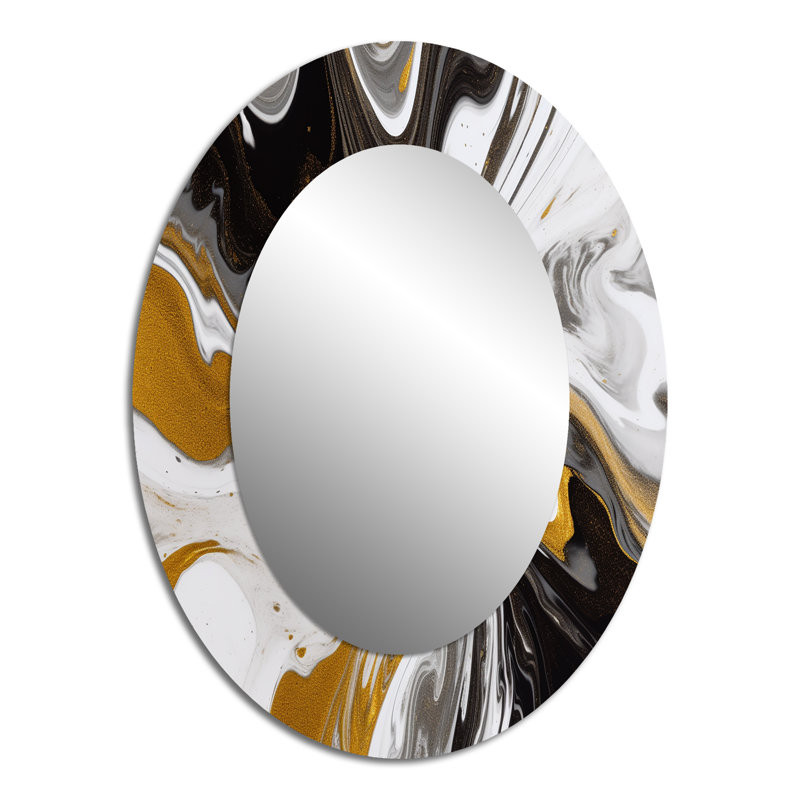 Or symphonique de marbre doré noir - miroir décoratif ovale abstrait sur métal, 40 po x 30 po
