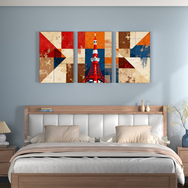 Tableau abstrait géométrique sur toile tendue représentant la tour de Tokyo (lot de 3), H 18 po x l 36 po