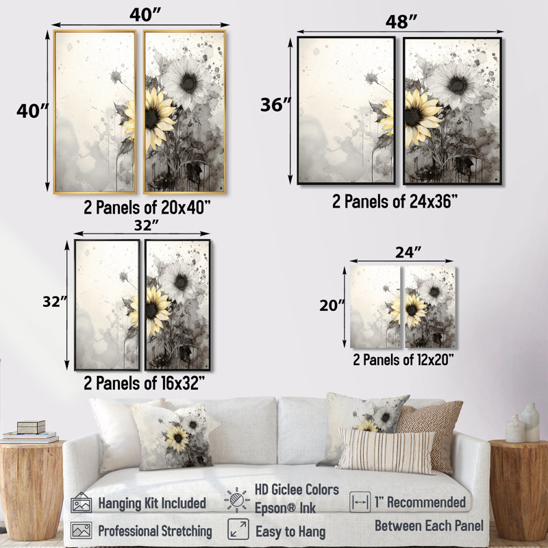 «Black and White Sunflowers Florescence I», art mural tournesols floraux, 20" H x 24" W, Impression encadrée flottante, Brown