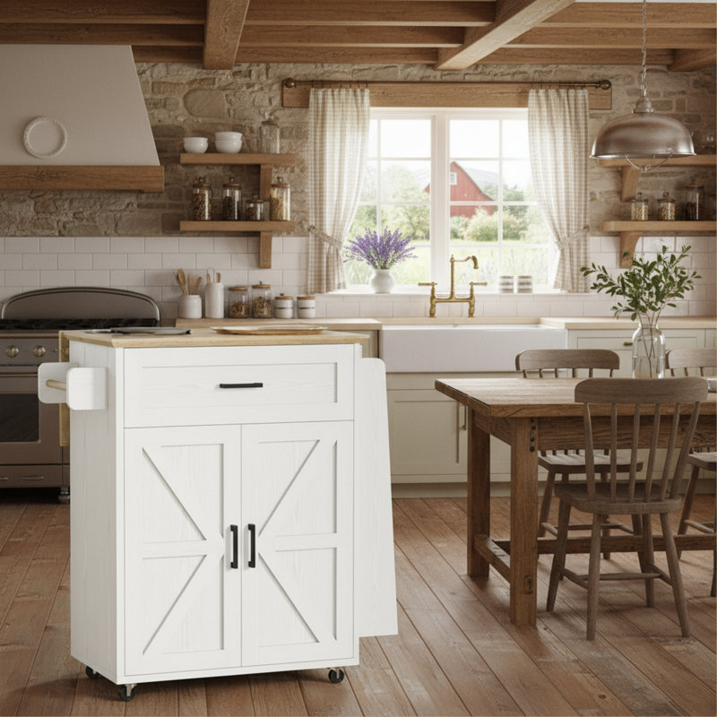 White Portable Kitchen Cart: Storage + Power Outlet + Folding Table, Suitable For Dining Rooms., White
