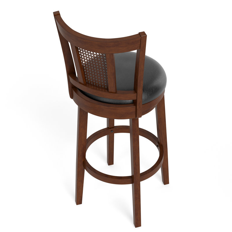 Avis 30" Traditional Bar Stool with Faux Leather Swivel Seat and Rattan Back Rubber Wood Frame, 1