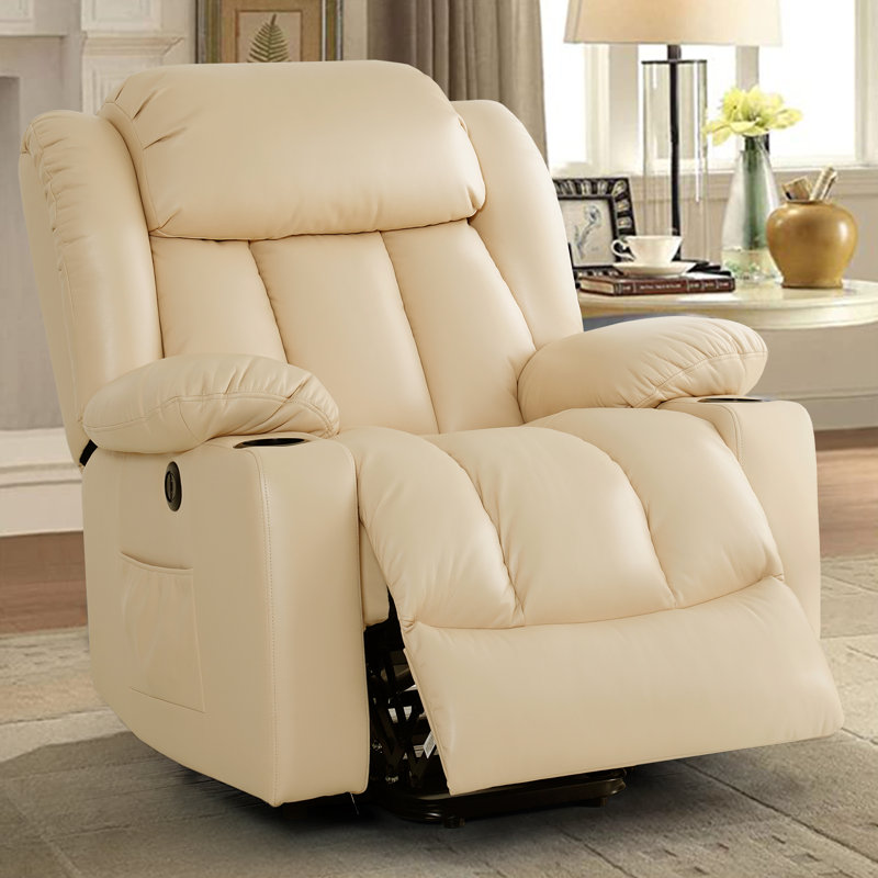 Large Power Lift Recliner Chair with Massage and Heat for Elderly, Beige Faux Leather