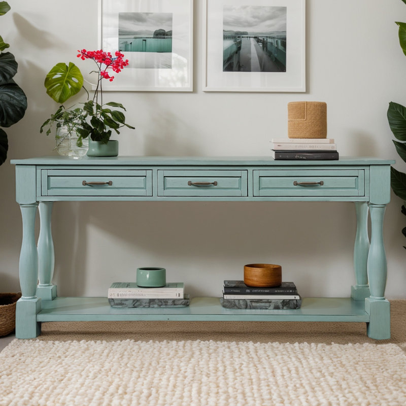 Retro Green Solid Wood Console Table with Storage Drawers and Shelf