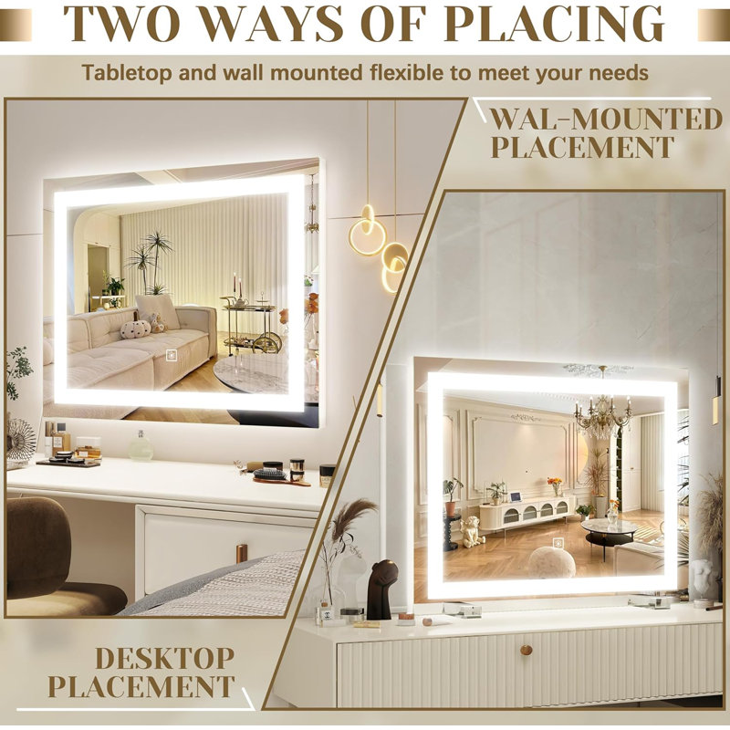 Grand miroir de meuble-lavabo à DEL avec éclairage 3 couleurs à intensité variable, miroir de maquillage pour salle de bain et vestiaire, fixation murale ou de table, réflexion ultra-claire sans distorsion
