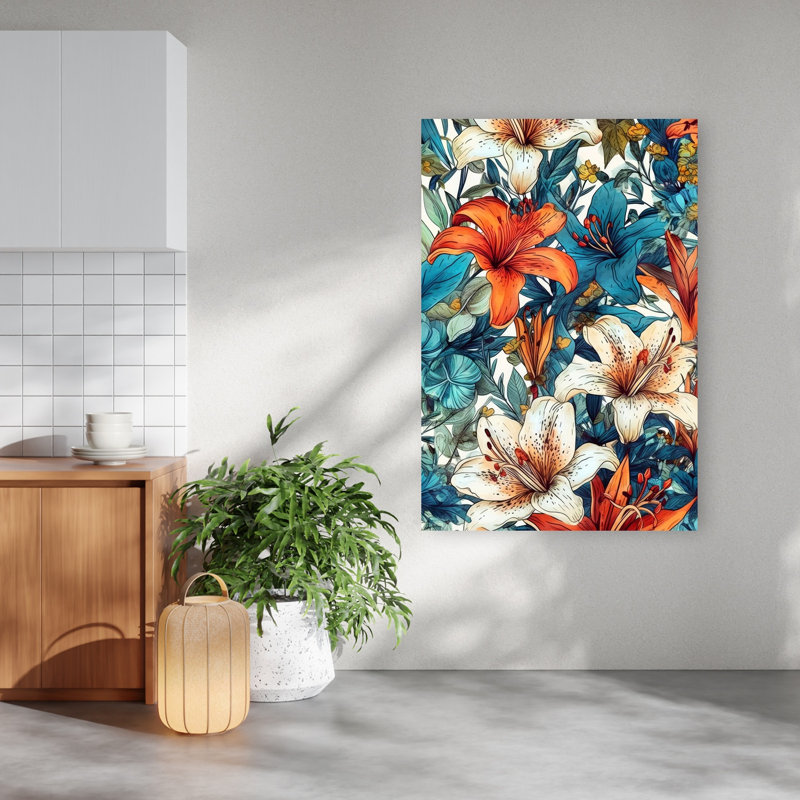 «Vibrant Tropical Lilies Abstract Flower Forest», reproduction d'art murale, 60" H x 40" W