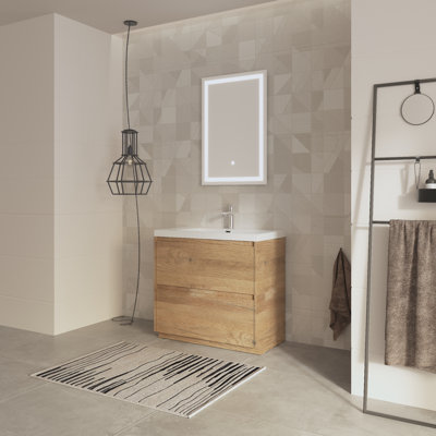 36" Single Natural Oak Bathroom Vanity Free Standing Vanities with Gloss White Resin Stone Top,2 Drawers Modern