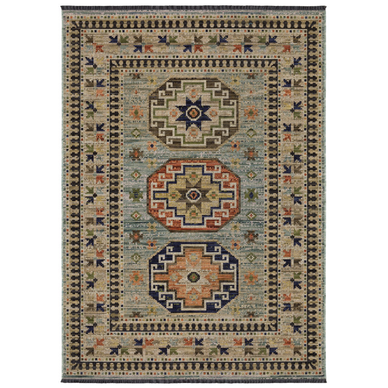 Tincie Tribal Triple Medallion Pale Teal/ Multi Wool Blend Area Rug, Rectangle 3'3" x 5', Pale Teal/ Multi