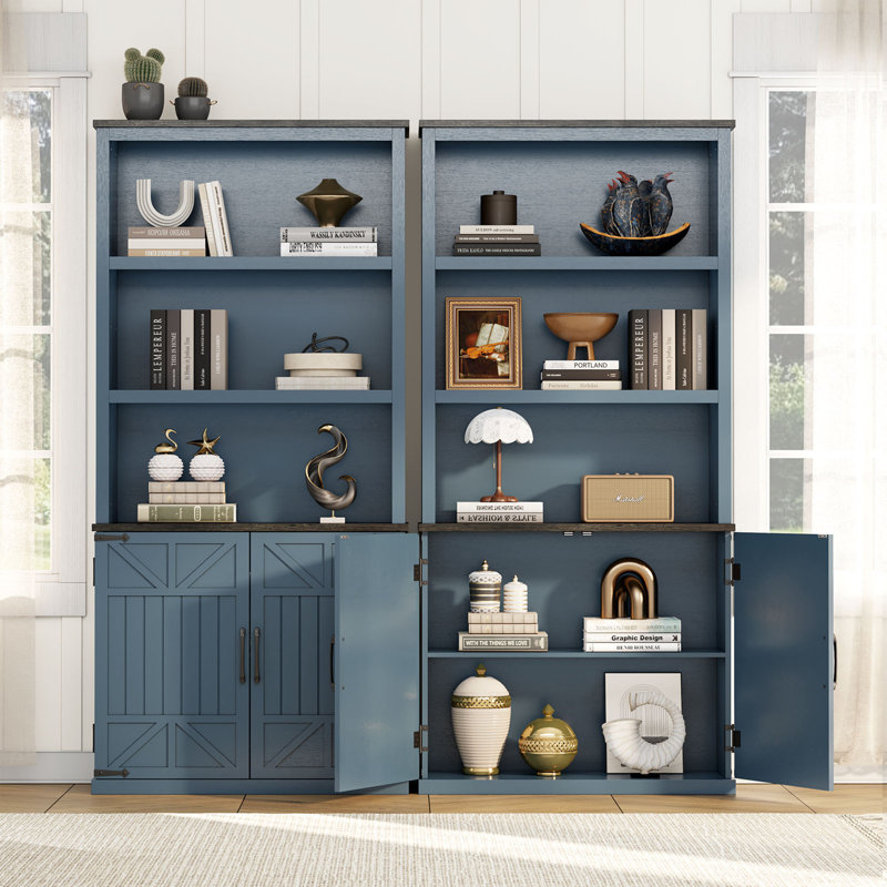 70'' Tall Blue MDF Farmhouse Bookcase with Doors and Shelves