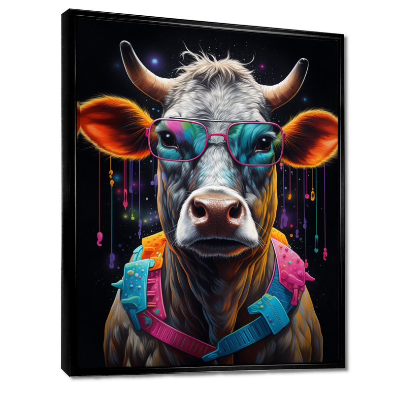 Vache avec lunettes de soleil bleues fraîches, H 20 po x l 12 po x P 1 po, Toile avec cadre noir