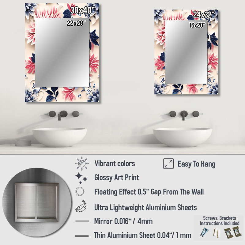 Blue Pink And White Damask Flower - Floral Decorative Mirror, Floral Large Wall Mirror, Printed Metal Art, 40" x 30"
