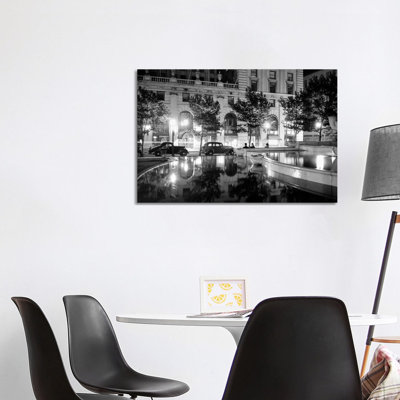 1930s Night Scene 5Th Avenue Tree Lined Sidewalk Cars Anonymous Silhouetted Men Reflecting Water In Pulitzer Fountain NYC USA - Wrapped Canvas Print