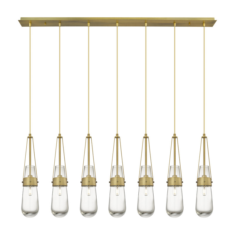 Luminaire suspendu grappe 7 lumières Tengan, Laiton brossé, Transparent