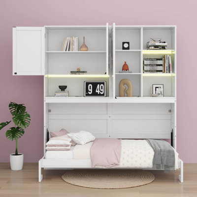Lit escamotable simple horizontal avec armoire de rangement, lumière DEL, bibliothèque et tablettes