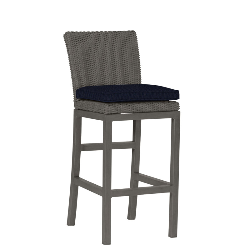 Rustic 30.5" Patio Bar Stool with Cushion, Slate Gray, Welt, Linen Navy