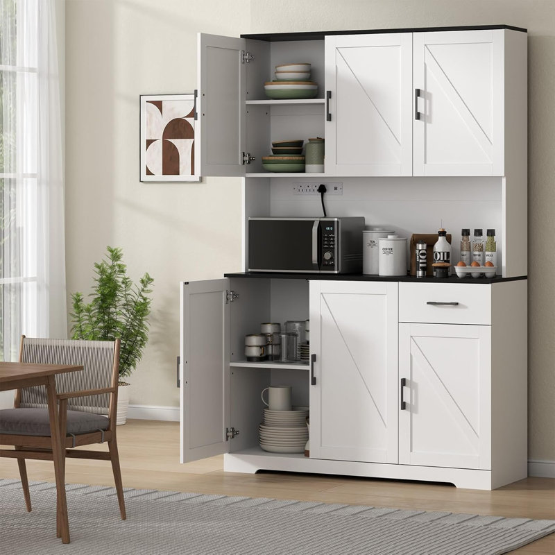 71 ‘’ Kitchen Pantry With Power Outlet, Black, White