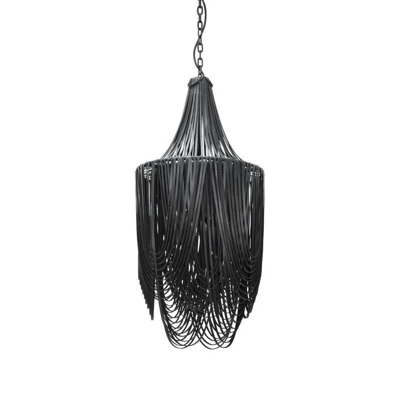 Small Leather Fringe Chandelier w/ Crown, Black