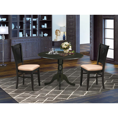3 Piece Kitchen Table Set for Small Spaces Contains a Round Dining Room Table with Dropleaf and 2 Linen Fabric Chairs, Black