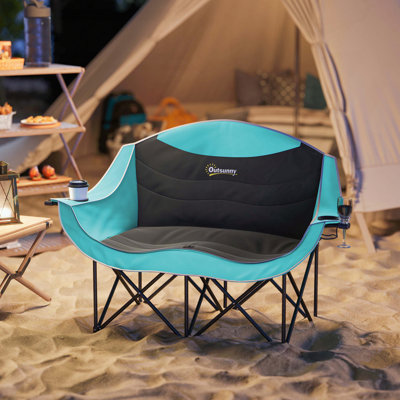 Double Camping Chair for Adults, Padded & Folding with Cup Holders