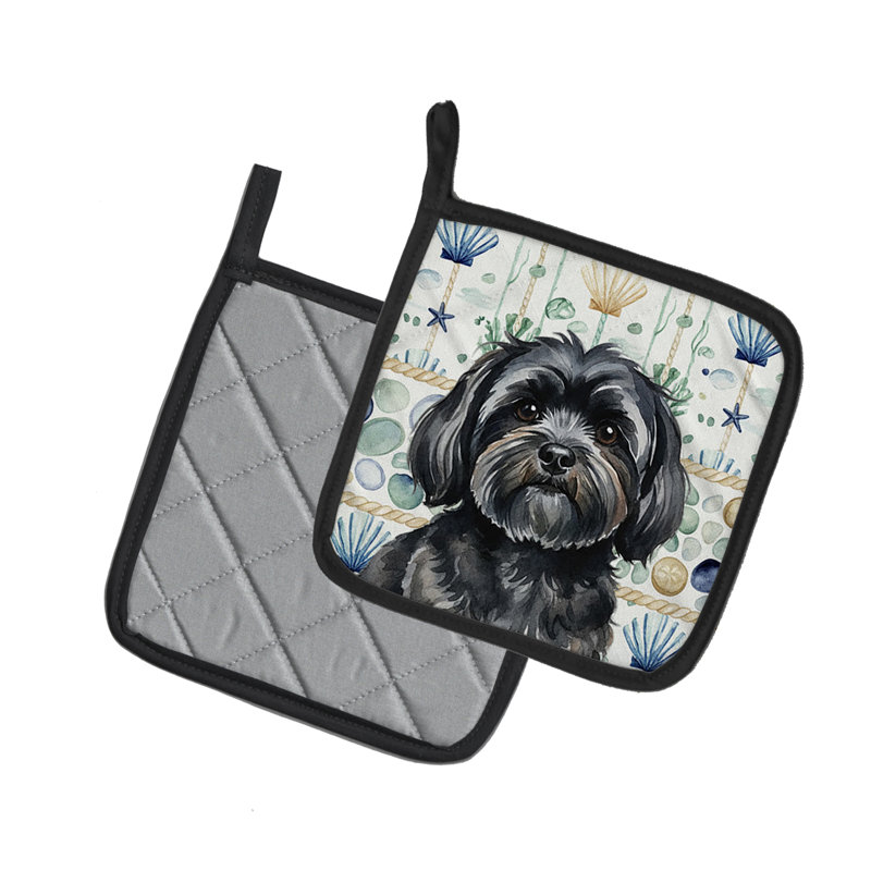 Black Lhasa Apso Coastal Sea Glass Pair of Pot Holders