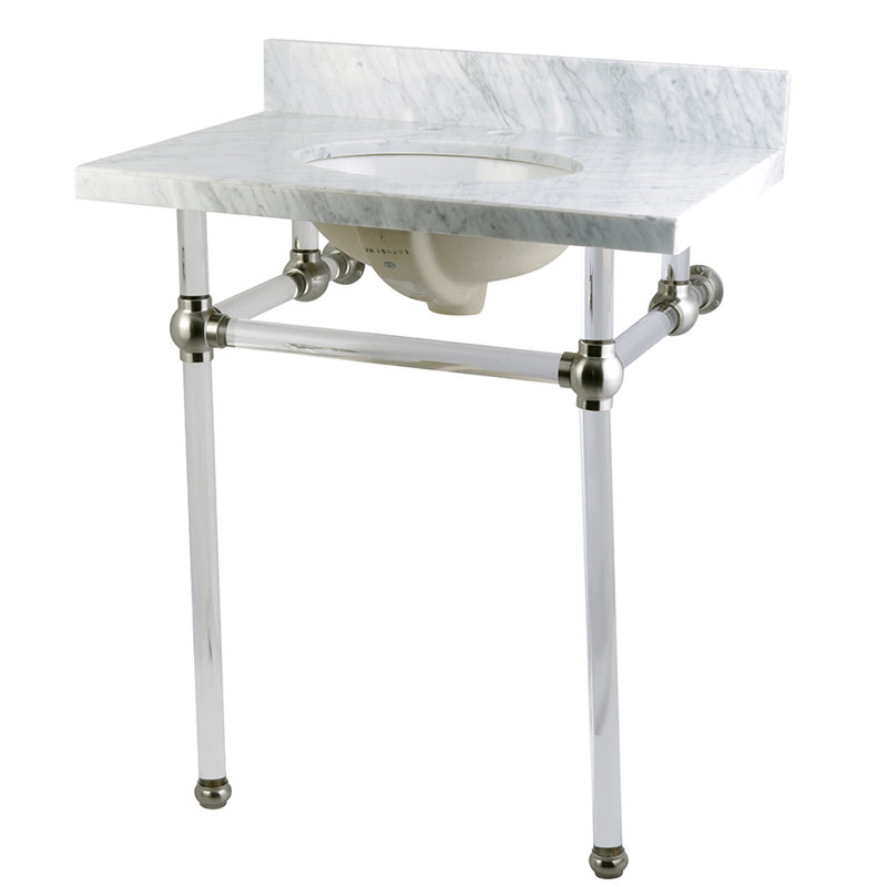 Kingston Brass Templeton 30-Inch Vanity Top with Clear Acrylic Legs (8-Inch, 3-Hole), Carrara Marble/Brushed Nickel